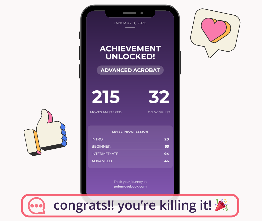 Smartphone depicting an Instagram-ready shareable summary of a user's PoleMovebook progress.